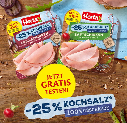 Herta -25% weniger Kochsalz, 100% Geschmack Jetzt gratis testen